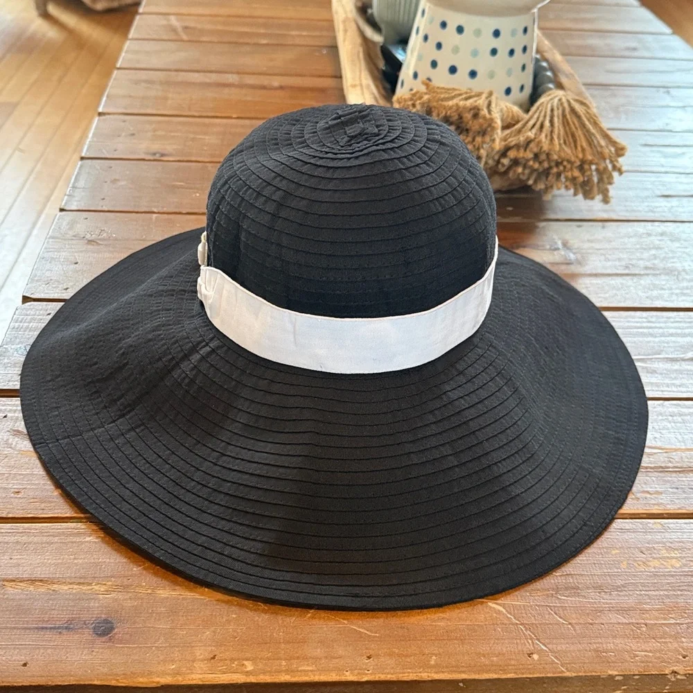 Lauren Ralph Lauren Wide Brim Sun Hat with Silk Ribbon and Silver Embossed Ring